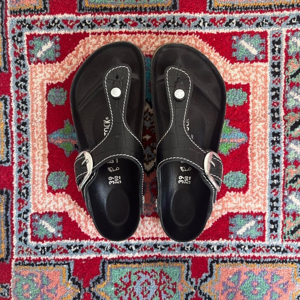 Birkenstock X Staud Gizeh Big Buckle Natural Leather Patent - Black Size 39